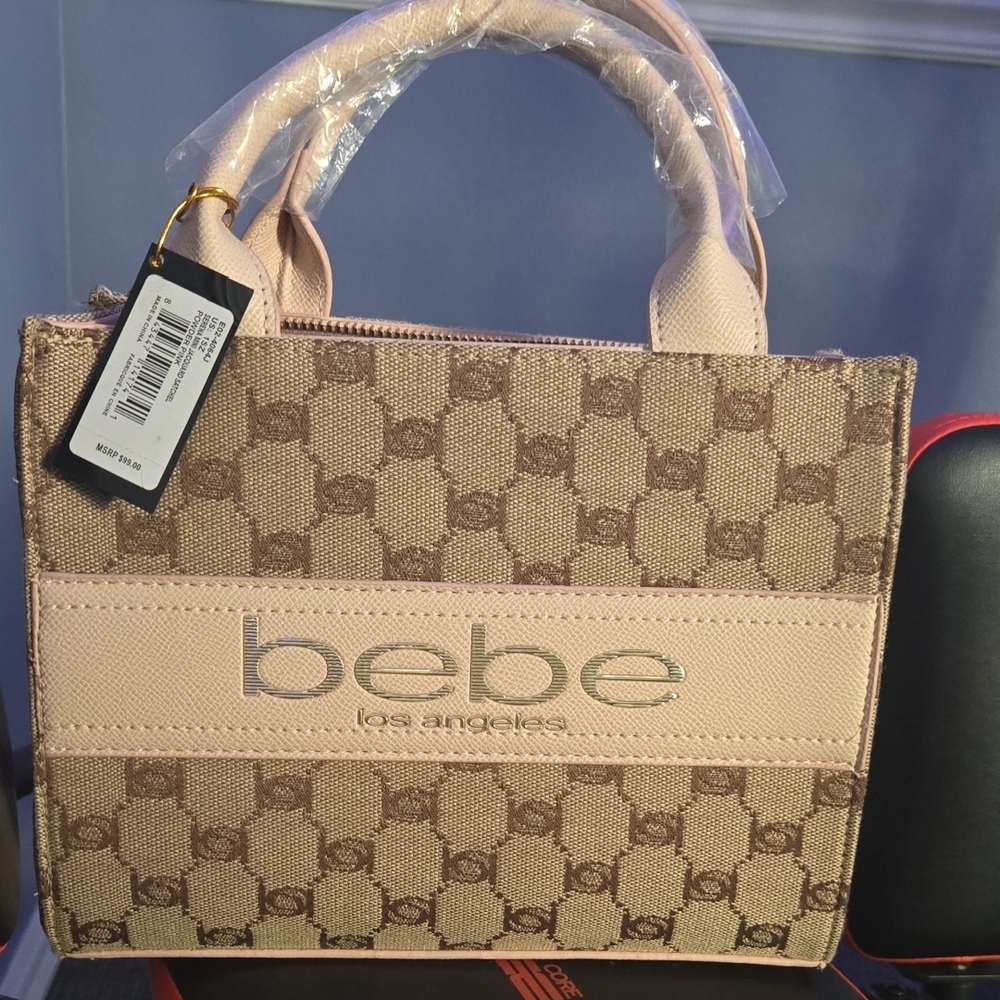 Bebe Cream and Brown Tote Bag with Structured Design